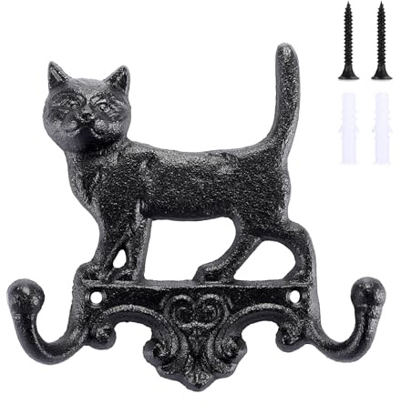 OLegei Cast Iron Entryway Keys Hanging Hook, Cat Wall Mount Coat Dual Hooks | Decorative Bathroom Towel Hook, Animal Utility Hook Multi-Purpose Wall Hanger for Dog Lead, Clothes, Scarf, Bag, Hats