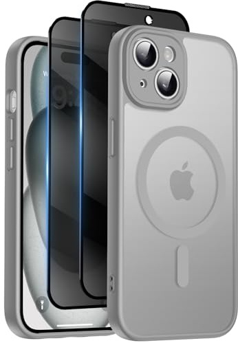 Qasyfanc für iPhone 15 Hülle Sichtschutz Schutzfolie, Grau | Magnetisch Handyhülle Matt Hard PC Kratzfest Stoßfest Transluzente Schutzhülle