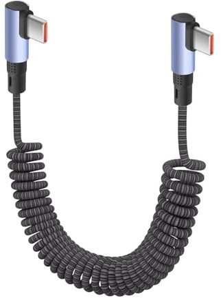 YACSEJAO Cable de carga trenzado USB C a USB C en espiral de 90 grados [0.3M-1.5M] 100W en espiral retráctil USB tipo C cable de carga rápida (de lado a lado en ángulo)