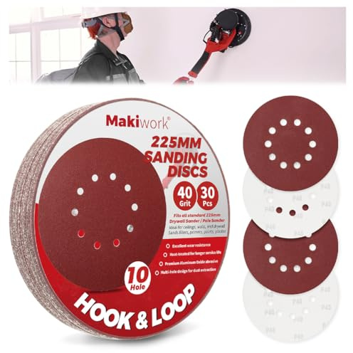 Makiwork 30 Stück 225mm 10-Loch 40 Korn Klett-Schleifscheiben – Grobkörniges Aluminiumoxid Schleifpapier für Trockenbauschleifer, Farbentfernung, Holz- & Metallbearbeitung