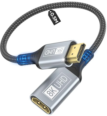 layajia 8K HDMI Extension Cable, HDMI 2.1 Male to Female Adapter Extension Cord 8K@60Hz, 4K@120Hz, 3D, HDR Compatible with Roku Blu-Ray TV Stick HDTV Monitor-0.5 m