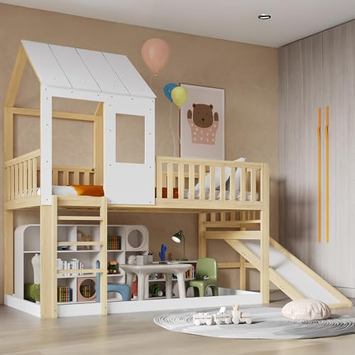 EINHOM Bunk Bed with Slides, 3ft Single Bed Frame with Roof and Windows, High Wooden Bed with Fall Protection and Staircase, For Children's and Teens, White+Wood, 90x190 cm (No Mattress)