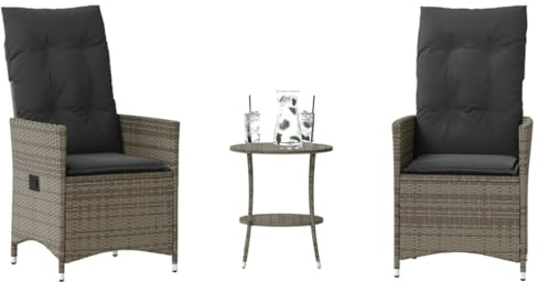 Ziaphsol 3-TLG. Bistro-Set mit Kissen, Grau Poly Rattan, verstellbare Relaxsessel, Gartentisch, Balkonmöbel, UV-beständig, 110 kg Traglast, Outdoor Möbel