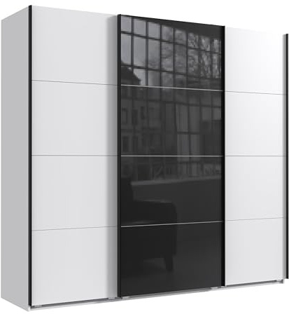 Geräumiger Schwebetürenschrank Kleiderschrank 3-türig B225/H208/T64 cm in Weiß, mittlere Tür mit Glasfront in Schwarz, inkl. einer Kleiderstange, 4 Einlegeböden und 2 Stoffboxen / 22522