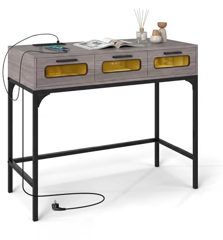 COSTWAY Console Meuble Éclairage LED, Console Entree avec Prise, 3 Tiroirs Transparentes, Cadre en métal, Design Moderne, pour Salon, Couloir (Noir Gris)
