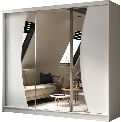 BEAUTY SOFA Vox - Schrank mit Spiegel - Kleiderschrank mit Schiebetüren - Garderobenschrank, Mehrzweckschrank, Flurschrank - 240cm breit - Weiß Matt