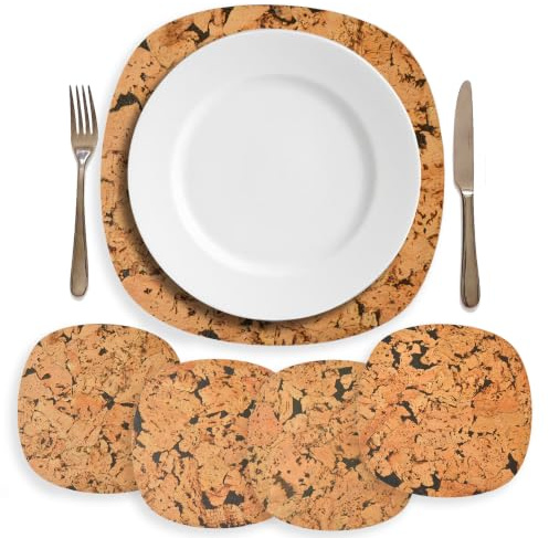 Salvamanteles de Corcho Set de 4 – Manteles Individuales de Corcho 30,7 x 30,7cm – Bajo Platos Antideslizantes – Diseño Cuadrado Esquinas Redondeadas - Corcho Portugués Sostenible (Natural con Negro)