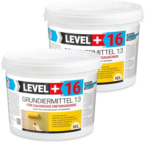 LEVEL+16 Grundierung Tiefengrund Konzentrat 1:3 - Tiefengrundierung für Stark Saugende Untergründe, Beton, Putz, Gips, Porenbeton - Tiefenwirksam, Lösemittelfrei und Schnelltrocknend - 2 x 10L
