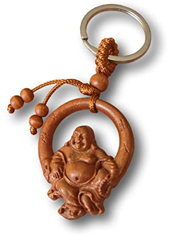 Porte-clés Bouddha porte-bonheur en bois de pêche, médaillon de méditation bouddhiste