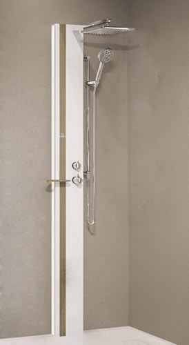 Colonna Doccia Novellini Line 1 Standard Senza Sedile Attrezzata Miscelatore Termostatico Colore Bianco Opaco Fascia Mensola Tortora Soffione Ripiano Porta Oggetti Doccetta Misura 22x57,5xH215 cm