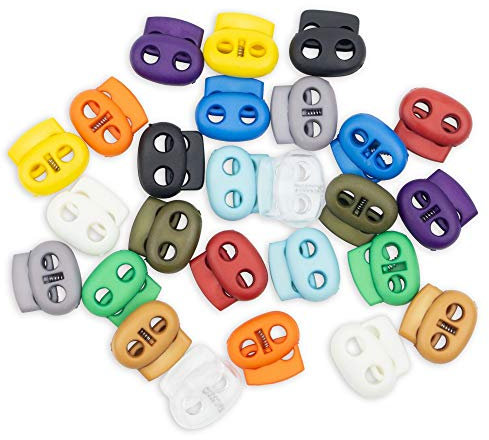 Fermacorda a Molla Foro Doppio 22 x 20 mm, Foro 5 x 5 mm, per Cordini da 4 mm, 13 x 2 colori diversi, Confezione 26pz, Fermacorda Scorrevole in Plastica, Ricambi Chiusura Zaini, Morsetti per Cavo