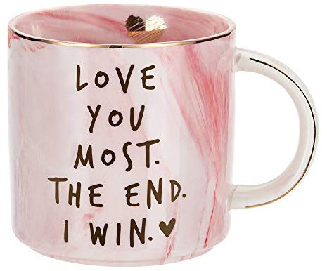 Girlfriend Anniversary, Birthday, Romantic Gift - Love You Most The End I Win - Cute Couple Gifts Ideas for Girlfriend, Wife, Fiance, Mom, Her, Couples - Pink Marble Mug, Ceramic 11.5oz Coffee Cup