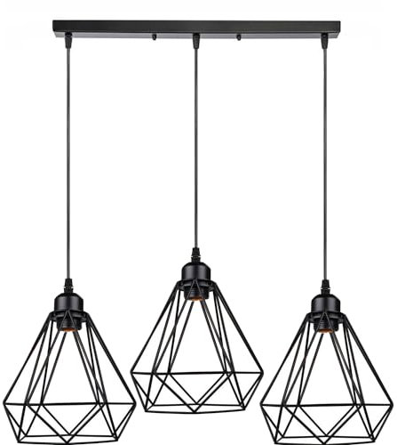 LEDSone Light Cage Black 3-Way 50cm Ceiling E27 Pendant Light Metal Diamond Design Creative Modern Socket 95cm Adjustable Cables Ceiling Rose Ideal for Living Room Kitchen Bar.