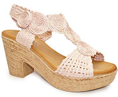 IVACHY Womens Sandal Ladies Summer Knitted Block Heels Espadrille Platform Wedge Shoes Size UK Pink