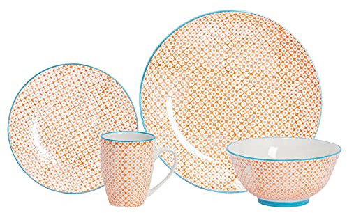 Nicola Spring Hand Printed 24 Piece Dinner Set - Orange - Porcelain Japanese Style Dinner Plates, Bowls, Side Plates and Tea Coffee Mugs for Kitchens, Cafes & Restaurants