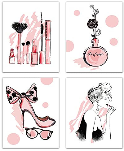 CREATCABIN 4pcs Mode Toile Mur Art Imprimer Affiche Ensemble Rose Talons Hauts Fleurs Parfum Maquillage Maison Mur Art Oeuvre Moderne pour Dressing Chambre Salle Bains Filles 8 x 10 Pouces