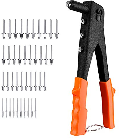ENGINDOT Rivet Gun, Heavy Duty Hand Riveter with 40-pcs Metal Rivets (3/32, 1/8, 5/32, 3/16), 4 Tool-Free Rivet Heads, Durable Pop Rivet Gun for Plastic, Metal, Leather, Wood