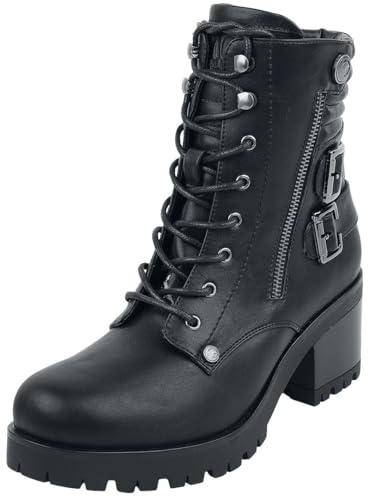 Black Premium by EMP Damen Schwarze Schnürboots mit Schnallen und Absatz
