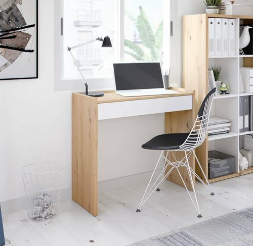 Dmora - Bureau Fresno, Bureau linéaire avec tiroir, Table d'étude ou de bureau pour PC, 82x40h77 cm, Chêne noué et Blanc