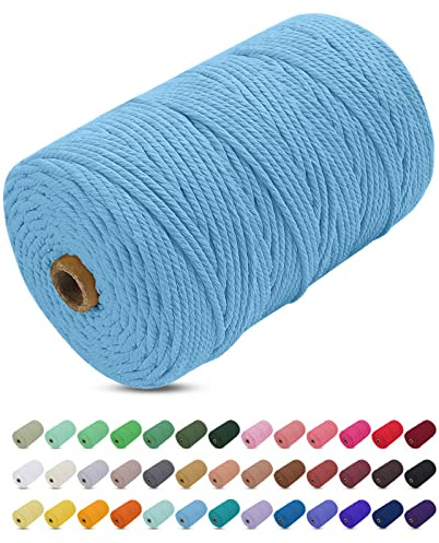 Corde Macramé 3mm x 200m, Uiopa Fil Macramé 3mm Corde Coton Naturelle 4 Brins, Coloré Ficelle Cordon Coton pour Tressée DIY, Tentures Murales, Porte Plante, Rideau, Decoration Boheme (Bleu Ciel)