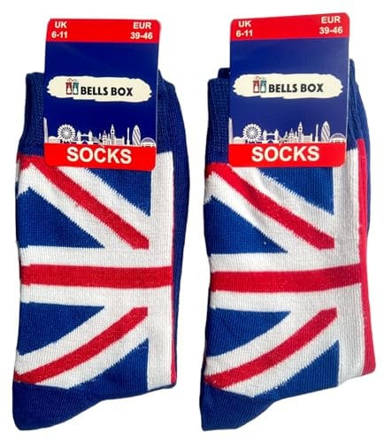 2 Pairs Mens Union Jack Socks - Blue Colour British Flag Sock - UJ London Man Socks - One Size