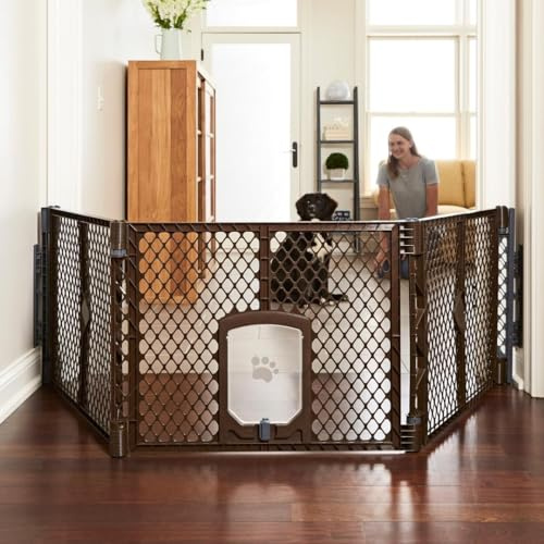 MyPet Extra Wide Dog Gate with Small Pet Door. 38.5” to 103.5 Wide. Cat Gate for Doorway. Made in USA. 26 Tall, Brown