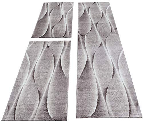 Carpettex Bettumrandung Schlafzimmer 3teilig Kurzflor Teppich Holz Optik Wellen Muster Braun Bettset:2 mal 80x150 cm + 1 mal 80x300 cm - Bettvorleger Schlafzimmer Läufer Set Bettumrandung Teppich Soft