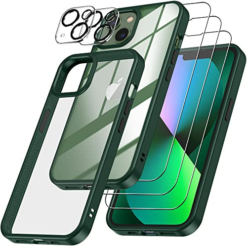 Emetok 6-en-1 Coque pour iPhone 13 et iPhone 14, 360 Degrés Protection,1 Coque Améliorée Anti-Jaune avec 3 Verre Trempé + 2 Caméra Protecteur pour iPhone 13 et iPhone 14, Vert