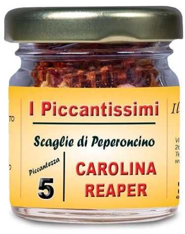 I Piccantissimi - Carolina Reaper peperoncino piccantissimo in vasetto da (13 gr) - Scaglie di Peperoncino a lunga conservazione - peperoncino carolina reaper coltivato in Italia (2.000.000 Shu)