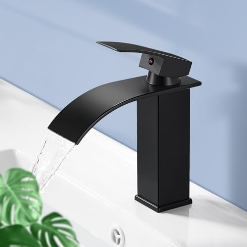 AIMOYO Black Bathroom Sink Taps, Modern Black Basin Mixer Tap Single Lever Hot and Cold Water Sink Taps Waterfall Mixer Taps for Bathroom Basin, Matte Black, Brass