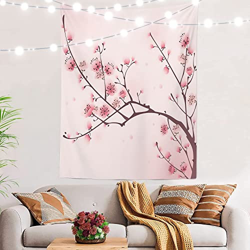 BaoNews Tapisserie rose japonaise cerise, branche de prune chinoise grande tenture murale en polyester nappe, tapisserie pour chambre à coucher, salon, dortoir, 150 x 130 cm
