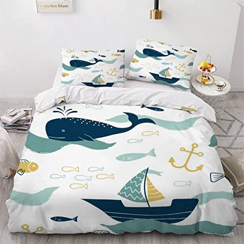 VASENA Bettwäsche Fisch Wal Bettwäsche 135x200 Kinder Cartoon-Ozean-Thema Bettbezug Set Weich Microfaser Kinderbettwäsche 3 Teilig Mit ReißVerschluss Mit 2 Kissenbezug 80x80 cm