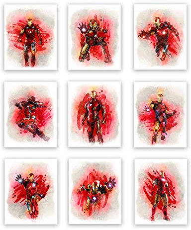Sight and Sound Art - Iron Man Wandposter (Ungerahmt) | 9x Aquarell-Kunstdrucke (8 x 10) | perfekt für Jungenzimmer-Dekoration