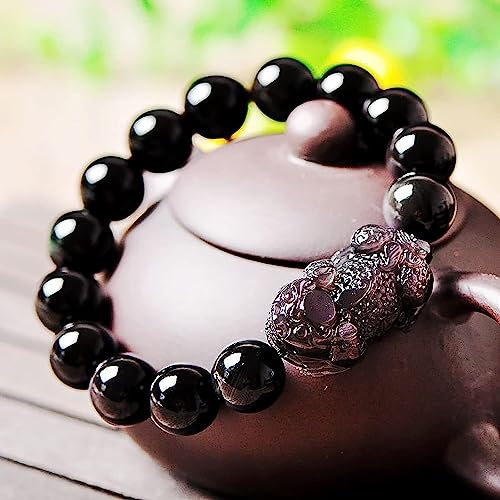Reichtumsarmband, Feng Shui Schwarzer Obsidian Pixiu Glücksbringer für Frauen und Männer, Natürliches Edelstein Kristallheilungs-Chakra, Böse Geister Abwehrend