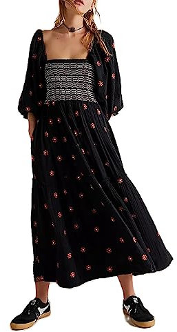Barbotimer Women's Flower Embroidered Maxi Dress Lantern Sleeve Square Neck Tiered Flowy Spring Fall Dress (as8, Alpha, s, Regular, Regular, Black)