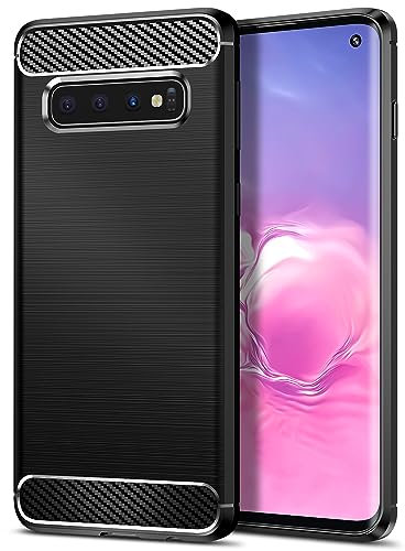 Qiinogow Case Compatible with Samsung Galaxy S10, Slim Fit Phone Cover with Shock-Absorption, Carbon Fiber TPU Rubber Protective Case, Black
