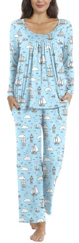 POPYOUNG Ladies Pyjamas 2 Piece Pjs for Women Sets Fall-Winter Long Sleeve Lounge Sets Long Pants Sleepwear M, Blue sailboat