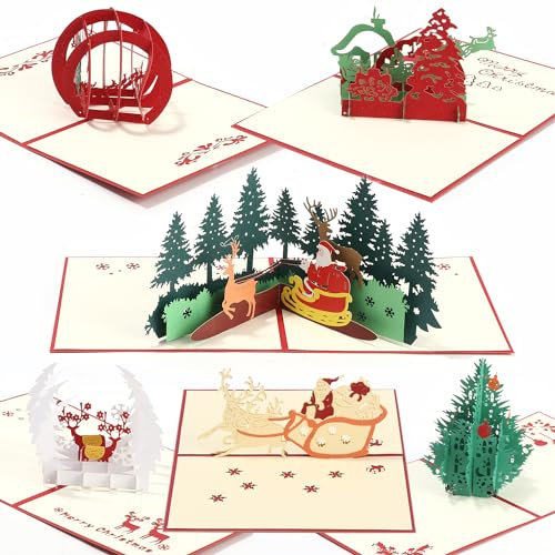 FAOKZE 3D Weihnachtskarte, 6 Stück 3D Pop Up Weihnachtskarte,3D Merry Christmas Cards mit Umschlägen, Pop-Up Karte Xmas Baum Weihnachtsmann Rentier Weihnachtsmotiv Karte