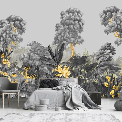 YQWDMX - Grey Jungle and Golden Floral Mural Wallpaper for Living Room Decor (Not Peel and Stick)