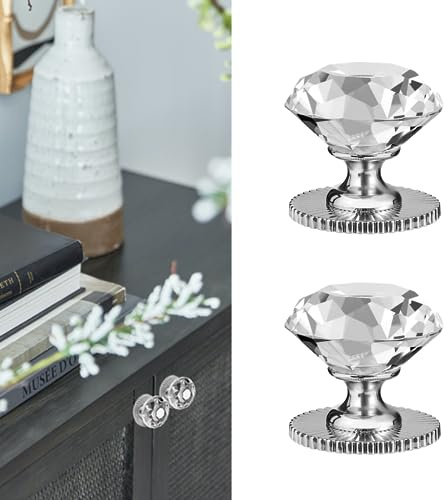 Elistonie Crystal Self Adhesive Knobs for Mirror Cabinet, Dresser Drawer, Cupboard - 40mm Diamond Shaped Glass Knobs (2 pcs, Clear and Silver)