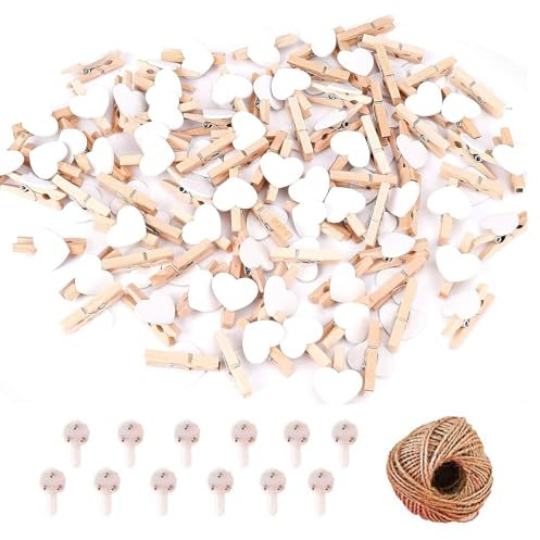 Herz Holz Klein Wäscheklammern, Herz Wäscheklammer Holz, 100 Stück Mini Klein Holzklammern, Mini Holzklammern Herz, Herzklammern Mit 30m Juteschnur Et 10 Stück Haken, Für DIY-Dekorationen