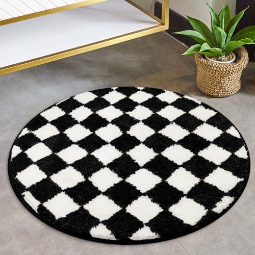 Sivilife Karierter runder Badezimmerteppich, maschinenwaschbar, Schwarz und Weiß, 60 cm