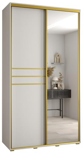 MEBLE KRYSPOL Davos 11 140 Schrank mit Zwei Schiebetüren für Schlafzimmer - Moderner Schrank mit Spiegel, Kleiderstange und Regalen - 235,2x140x45 cm - Weiß Weiß Gold