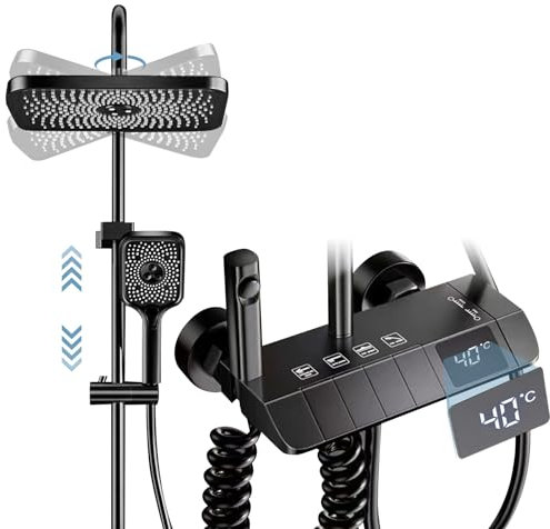 MENAYODA Duschsystem mit Thermostat 4-Funktions-Klaviertasten Messing Mischbatterie Duschset mit Kopfbrause 3 Modus Handbrause Bidetbrause Badewannenarmatur Verstellbar Duschsäule Schwarz