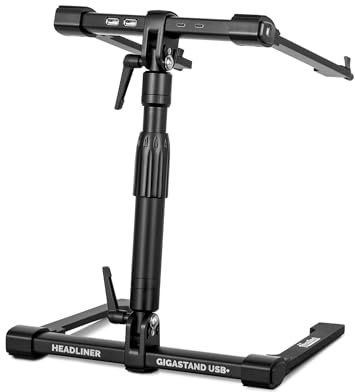 Headliner Gigastand USB+ - Soporte ajustable para portátil DJ con hub USB-C integrado, construcción de acero y aluminio, diseño plegable, cuello telescópico, perfecto para DJs, músicos y creadores