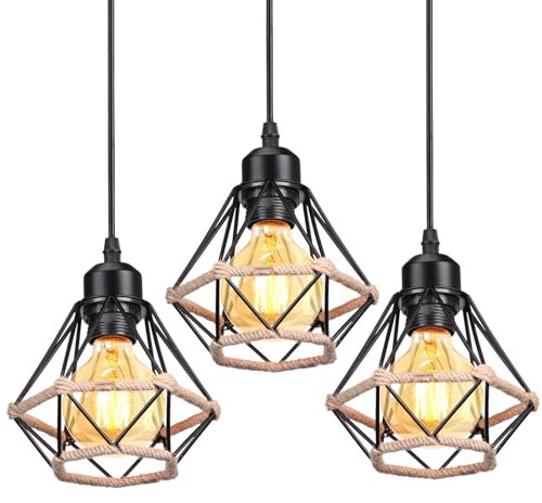 PETITES ECREVISSES 3 Packs Lustres Suspensions Industrielles Design 3 Lampes Diamant Chanvre Corde Métal LED Luminaire Plafonnier Abat-Jour Rétro Design E27 pour cuisine salon chambre (Ø16cm-3pcs)