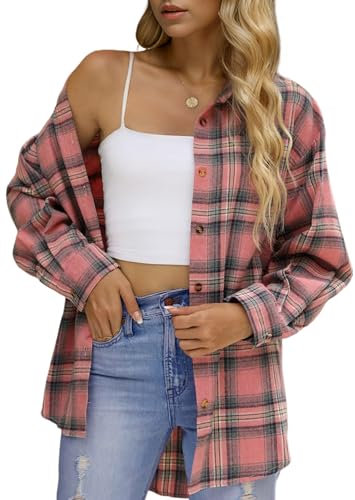 KevaMolly Karierte Flanellhemden für Damen, lockere Passform, Boyfriend-Shirt, Knopfleiste, langärmelig, lässig, Flanellbluse, Tops, Z Pink Grey, Groß