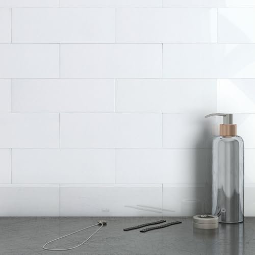 M MOFIT Metro Subway Tile Stickers Heat Resistant Stick on Tiles for Kitchen,Large Stick on Bathroom Wall Tiles Waterproof Glossy MM 100x300(White 16 PCS)