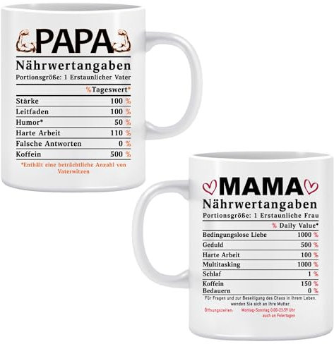 Mama Papa Tasse Beste Mama geschenk Nährwertangaben vatertagsgeschenk zum Geburtstag Geburtstagsgeschenk mama muttertagsgeschenke für Mutter und Vater Vatertag geschenke bester Papa