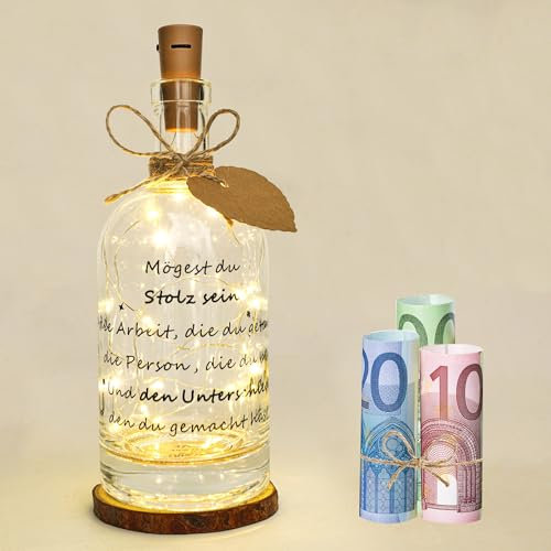 Seutgjie Abschiedsgeschenk Kollegen Rente, Dankeschön Anerkennungsgeschenke Ruhestand Geschenk für Arbeitskollegin Erzieher Lehrer Hebammen Chef LED Flaschenlicht mit Spruch